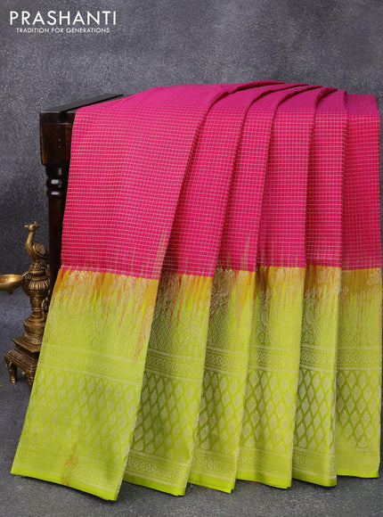 Pure soft silk saree pink and lime green with allover small silver zari checks and silver zari woven border - {{ collection.title }} by Prashanti Sarees