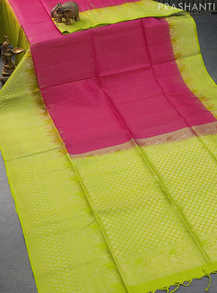 Pure soft silk saree pink and lime green with allover small silver zari checks and silver zari woven border - {{ collection.title }} by Prashanti Sarees