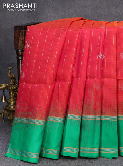 Pure soft silk saree reddish pink and green with allover silver & gold zari weaves and rettapet zari woven border - {{ collection.title }} by Prashanti Sarees