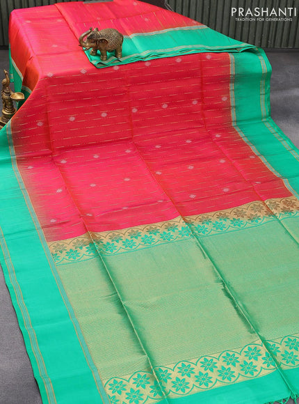 Pure soft silk saree reddish pink and green with allover silver & gold zari weaves and rettapet zari woven border - {{ collection.title }} by Prashanti Sarees