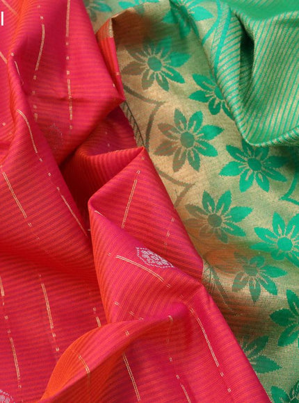 Pure soft silk saree reddish pink and green with allover silver & gold zari weaves and rettapet zari woven border - {{ collection.title }} by Prashanti Sarees