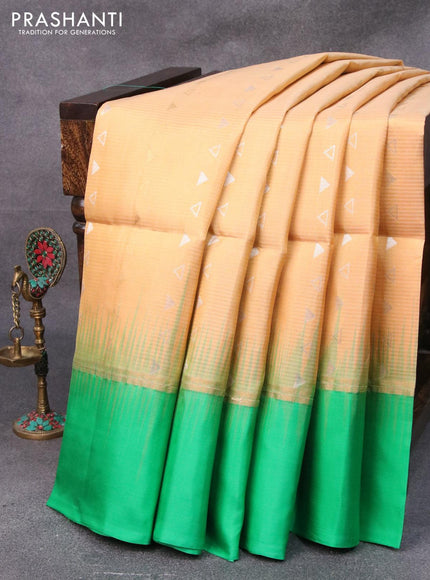 Pure soft silk saree sandal and green with silver & zari geometric weaves and zari woven simple border - {{ collection.title }} by Prashanti Sarees