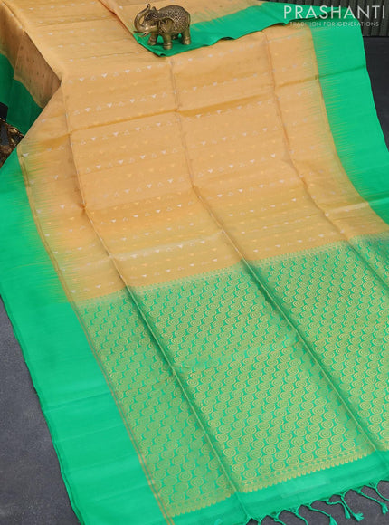 Pure soft silk saree sandal and green with silver & zari geometric weaves and zari woven simple border - {{ collection.title }} by Prashanti Sarees