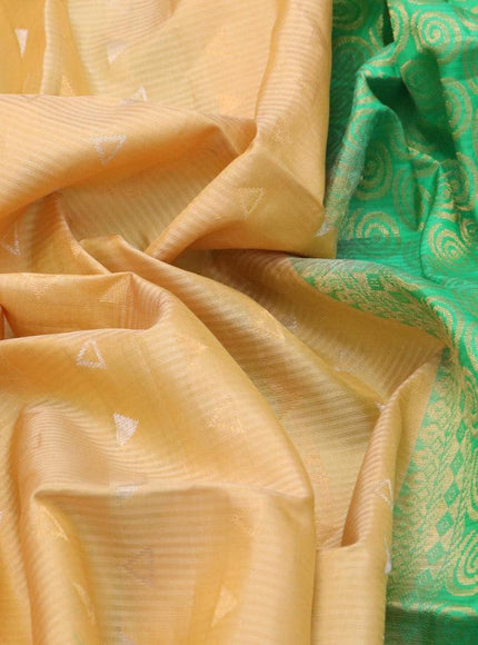 Pure soft silk saree sandal and green with silver & zari geometric weaves and zari woven simple border - {{ collection.title }} by Prashanti Sarees