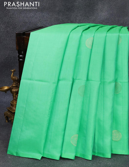 Pure soft silk saree teal green shade and pink with zari woven buttas in borderless style - {{ collection.title }} by Prashanti Sarees