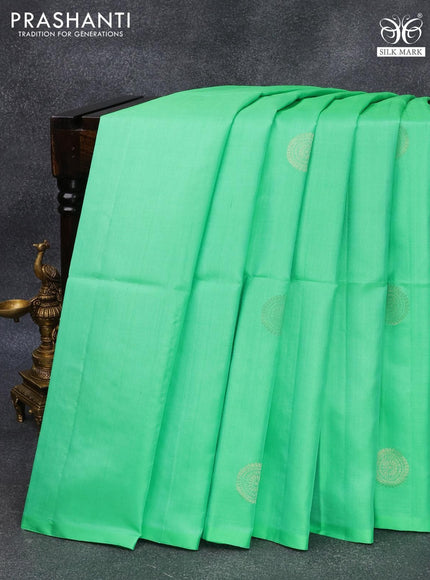 Pure soft silk saree teal green shade and pink with zari woven buttas in borderless style - {{ collection.title }} by Prashanti Sarees