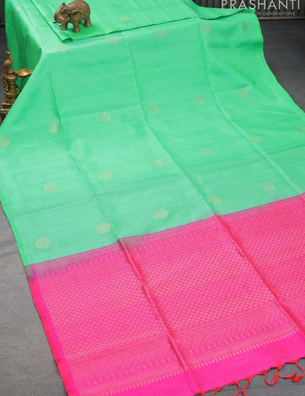 Pure soft silk saree teal green shade and pink with zari woven buttas in borderless style - {{ collection.title }} by Prashanti Sarees