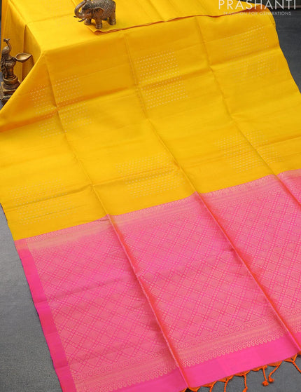 Pure soft silk saree yellow and dual shade of pink with silver & gold zari woven butta weaves in borderless style - {{ collection.title }} by Prashanti Sarees