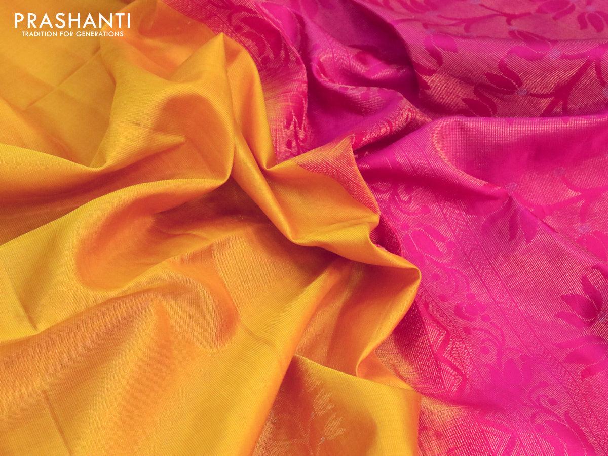 Yellow & pink hand woven blended cotton handloom saree with blouse -  ROOPKATHA - 2829885