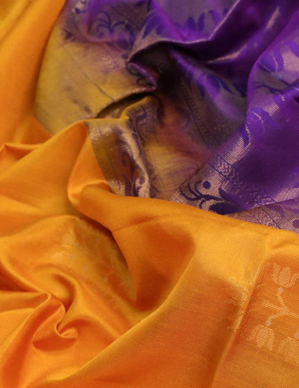 Pure soft silk saree yellow and violet with zari woven buttas in borderless style - {{ collection.title }} by Prashanti Sarees