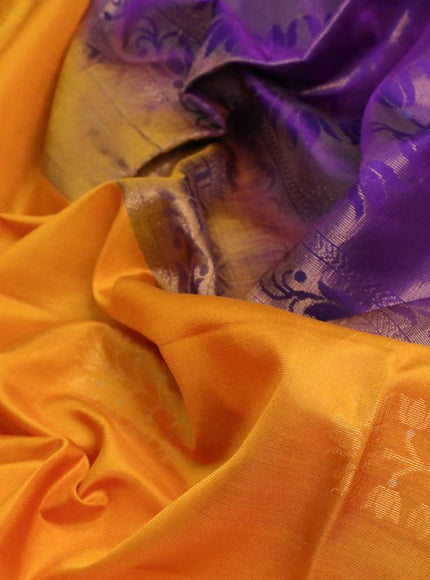 Pure soft silk saree yellow and violet with zari woven buttas in borderless style - {{ collection.title }} by Prashanti Sarees