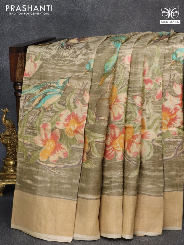 Pure tussar silk saree beige with floral prints & mirror work and cut work pallu - {{ collection.title }} by Prashanti Sarees