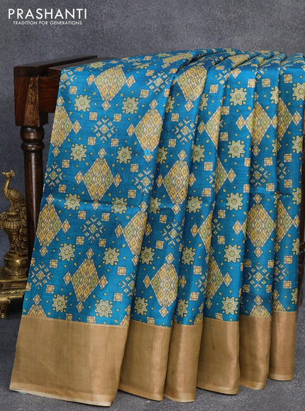 Pure tussar silk saree blue and chikku shade with allover prints and cut work pallu - {{ collection.title }} by Prashanti Sarees