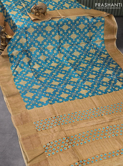 Pure tussar silk saree blue and chikku shade with allover prints and cut work pallu - {{ collection.title }} by Prashanti Sarees