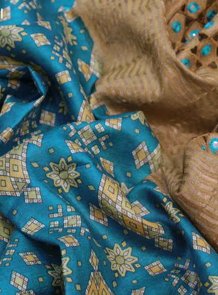 Pure tussar silk saree blue and chikku shade with allover prints and cut work pallu - {{ collection.title }} by Prashanti Sarees