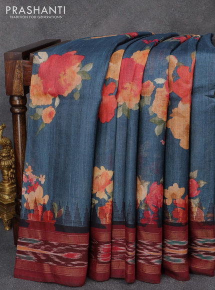 Pure tussar silk saree blue and maroon with allover floral prints and temple design vidarbha border - {{ collection.title }} by Prashanti Sarees