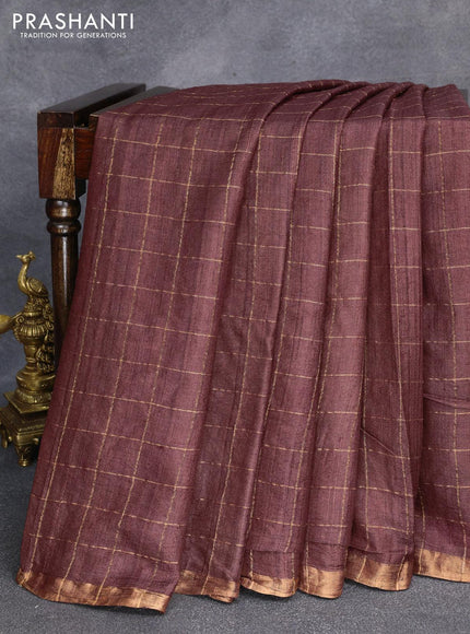 Pure tussar silk saree brown and red shade with allover zari checked pattern & zari woven border and pen kalamkari embroidery work readymade blouse - {{ collection.title }} by Prashanti Sarees