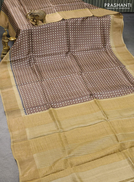 Pure tussar silk saree brown and sandal with allover geometric prints and zari woven border - {{ collection.title }} by Prashanti Sarees