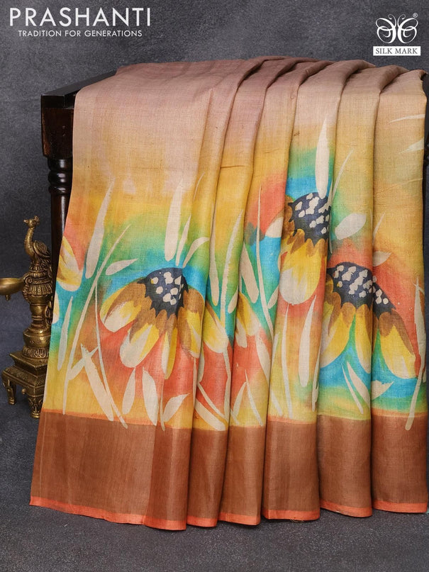 Pure tussar silk saree brown shade and orange with hand painted floral prints and zari woven border - {{ collection.title }} by Prashanti Sarees