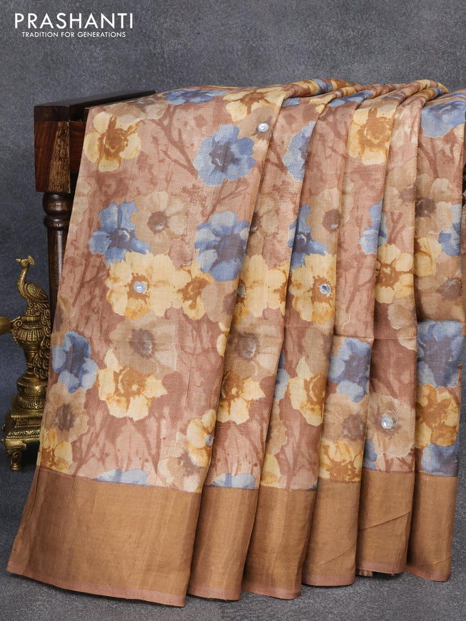 Pure tussar silk saree brown shade with floral prints & mirror work and cut work pallu - {{ collection.title }} by Prashanti Sarees