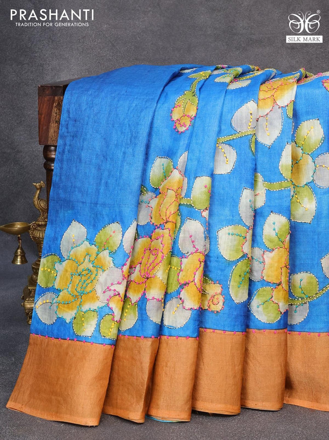 Pure tussar silk saree cs blue and pale orange with kalamkari prints & french knot work and zari woven border - {{ collection.title }} by Prashanti Sarees