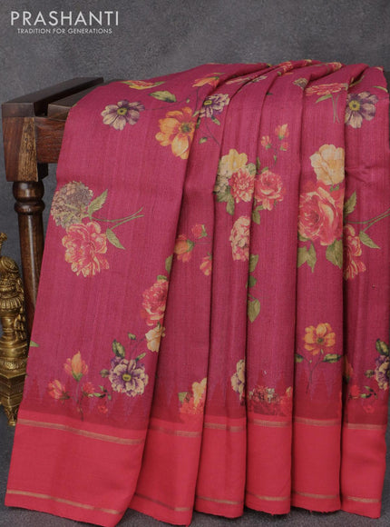 Pure tussar silk saree dark pink and red with allover floral prints and temple design zari woven border - {{ collection.title }} by Prashanti Sarees