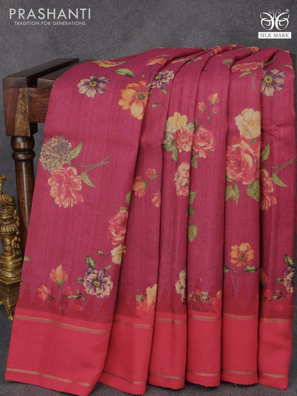 Pure tussar silk saree dark pink and red with allover floral prints and temple design zari woven border - {{ collection.title }} by Prashanti Sarees