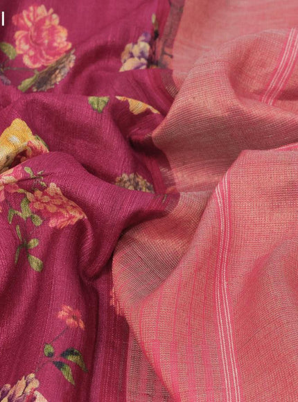 Pure tussar silk saree dark pink and red with allover floral prints and temple design zari woven border - {{ collection.title }} by Prashanti Sarees