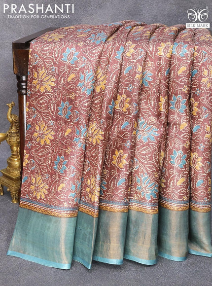 Pure tussar silk saree deep wine shade and light blue with allover floral prints and zari woven border - {{ collection.title }} by Prashanti Sarees