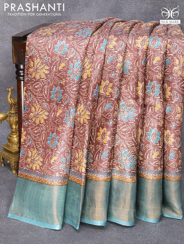 Pure tussar silk saree deep wine shade and light blue with allover floral prints and zari woven border - {{ collection.title }} by Prashanti Sarees