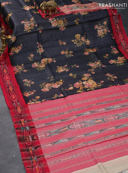 Pure tussar silk saree elephant grey and red with allover floral prints and temple design vidarbha border - {{ collection.title }} by Prashanti Sarees