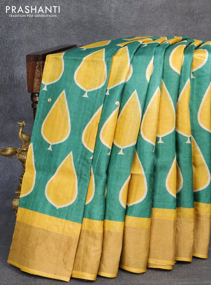 Pure tussar silk saree green and mustard yellow with allover tilak butta prints and cut work pallu - {{ collection.title }} by Prashanti Sarees