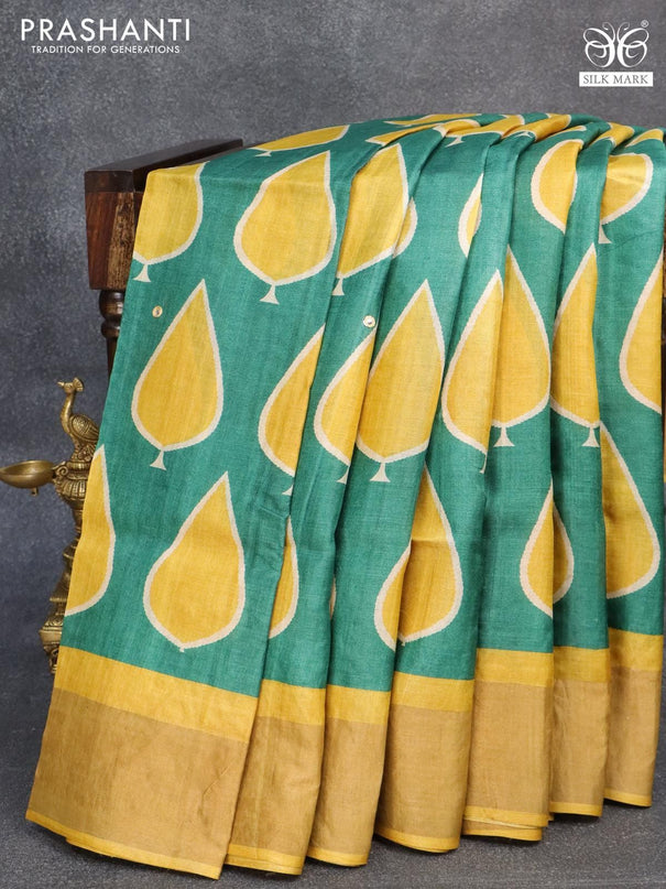 Pure tussar silk saree green and mustard yellow with allover tilak butta prints and cut work pallu - {{ collection.title }} by Prashanti Sarees