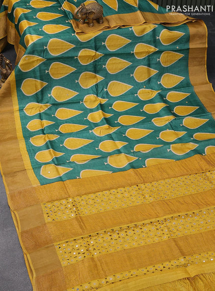 Pure tussar silk saree green and mustard yellow with allover tilak butta prints and cut work pallu - {{ collection.title }} by Prashanti Sarees