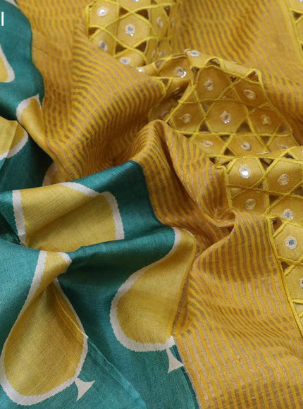 Pure tussar silk saree green and mustard yellow with allover tilak butta prints and cut work pallu - {{ collection.title }} by Prashanti Sarees