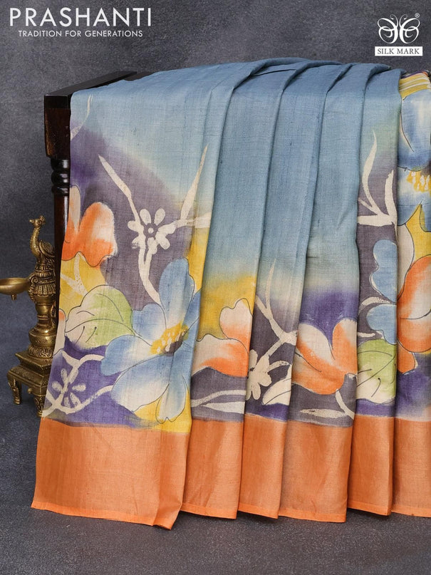 Pure tussar silk saree grey and orange with hand painted floral prints and zari woven border - {{ collection.title }} by Prashanti Sarees