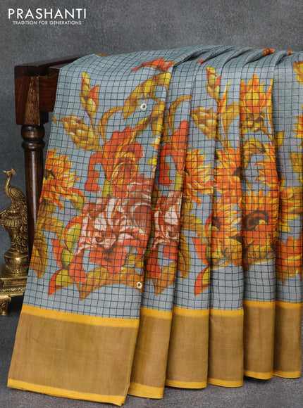 Pure tussar silk saree grey and yellow with allover checked pattern floral prints and cut work pallu - {{ collection.title }} by Prashanti Sarees