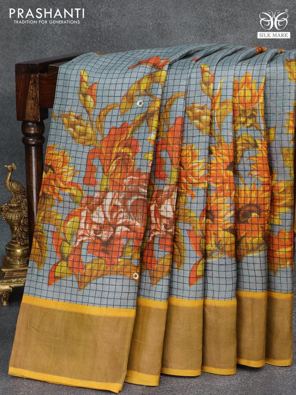 Pure tussar silk saree grey and yellow with allover checked pattern floral prints and cut work pallu - {{ collection.title }} by Prashanti Sarees