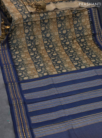 Pure tussar silk saree grey khaki shade and dark blue with allover floral prints and temple design vidarbha border - {{ collection.title }} by Prashanti Sarees