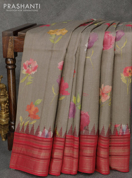 Pure tussar silk saree grey khaki shade and red with allover floral prints and temple design zari woven border - {{ collection.title }} by Prashanti Sarees