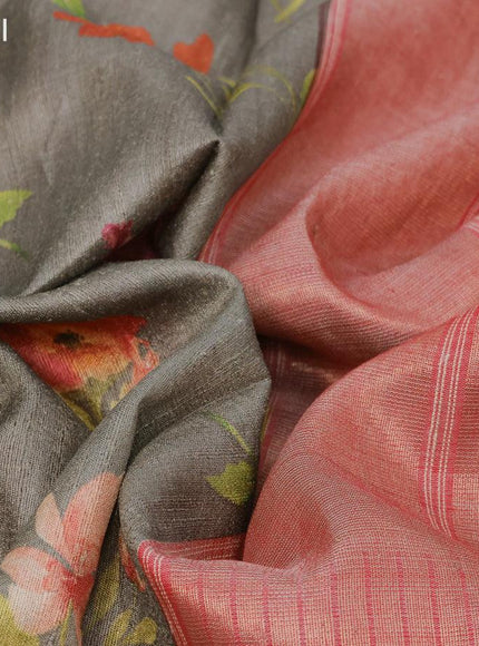 Pure tussar silk saree grey khaki shade and red with allover floral prints and temple design zari woven border - {{ collection.title }} by Prashanti Sarees