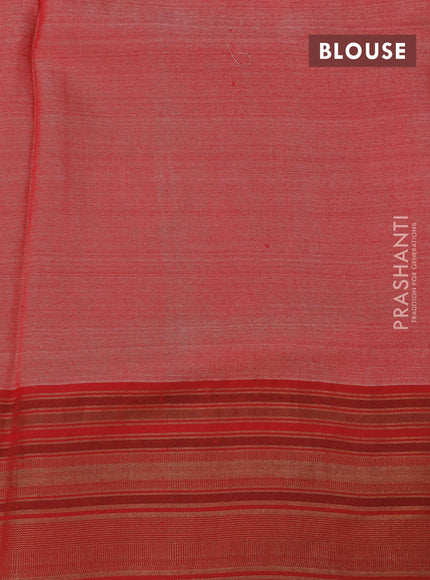 Pure tussar silk saree grey khaki shade and red with allover floral prints and temple design zari woven border - {{ collection.title }} by Prashanti Sarees