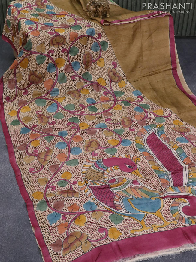 Pure tussar silk saree khaki shade and deep maroon with allover kalamkari prints and cut work - {{ collection.title }} by Prashanti Sarees