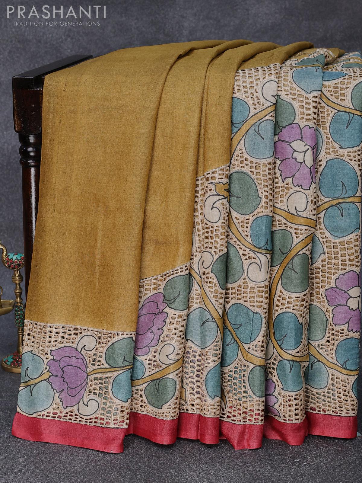 Kalamkari cotton saree brown and yellow with allover prints and printe – Prashanti  Sarees