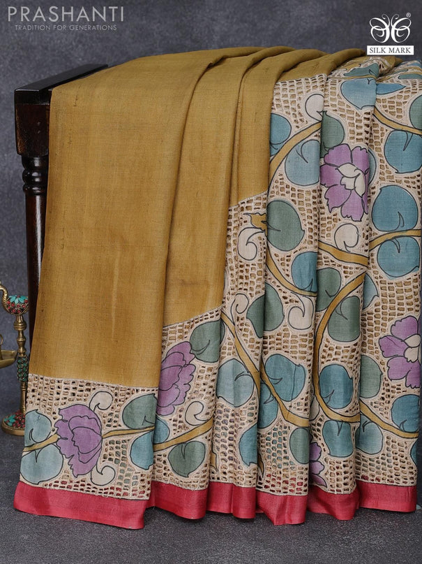 Pure tussar silk saree khaki shade and maroon with allover kalamkari prints and cut work - {{ collection.title }} by Prashanti Sarees