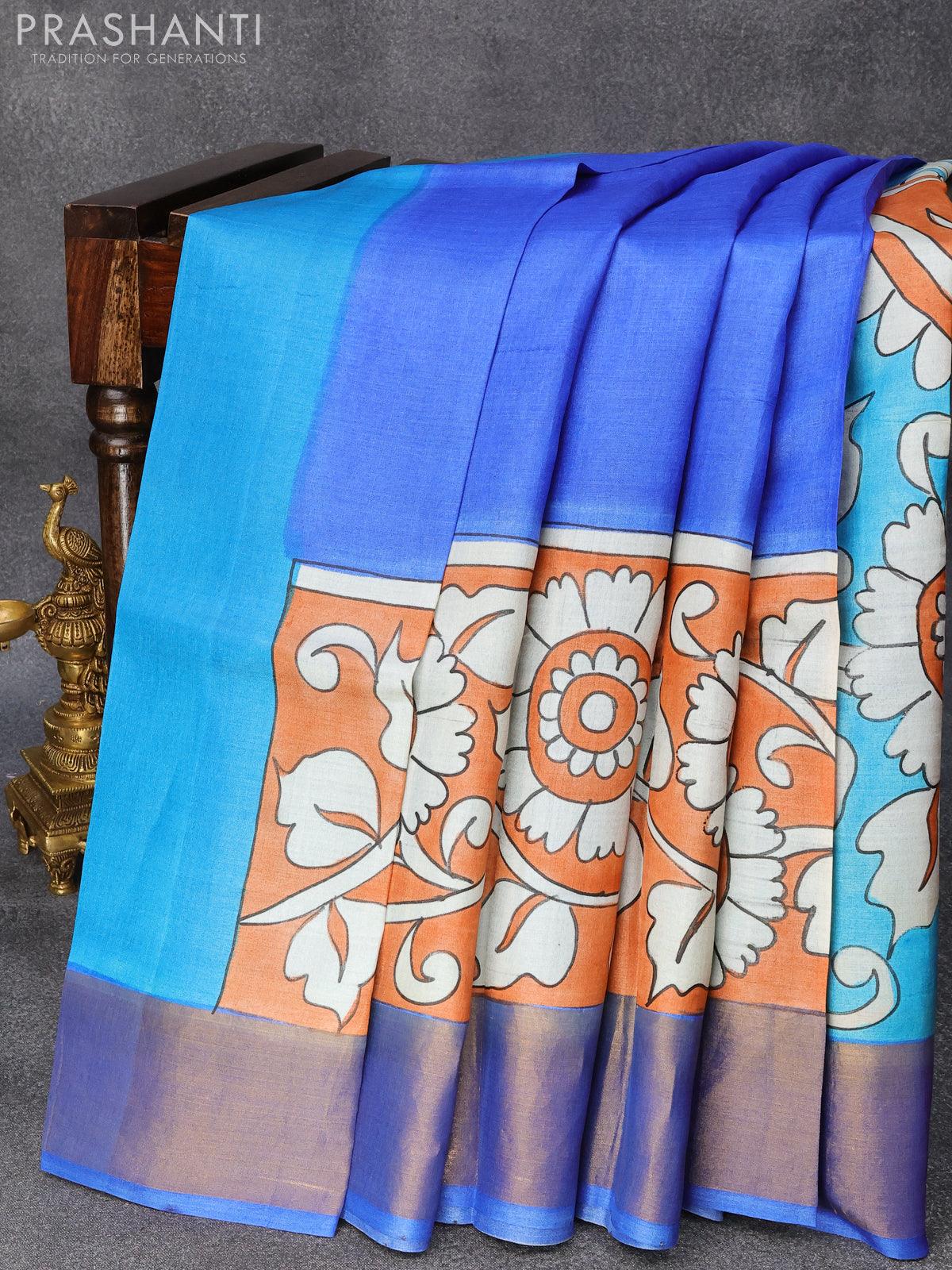 Kalamkari Tussar Silk Saree | Handpainted | Organic Dyes | PKM 512 –  Panjavarnam