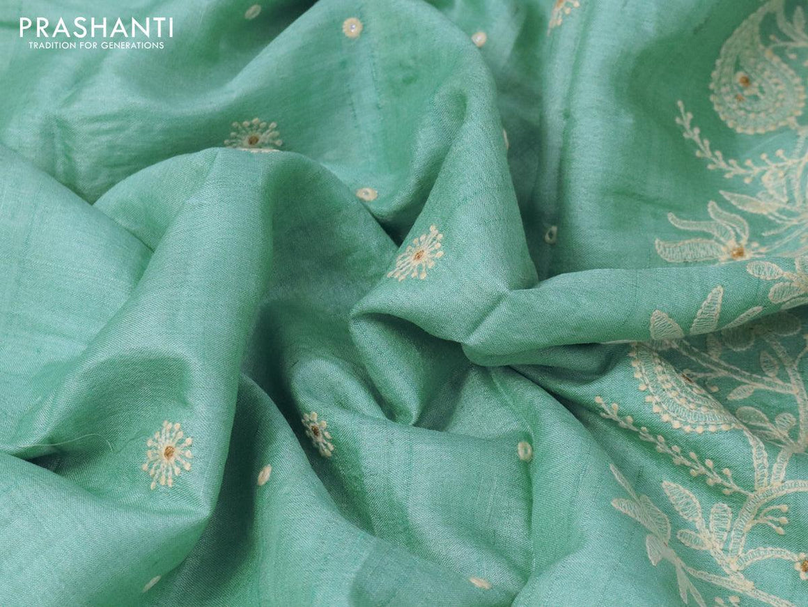 Pure tussar silk saree light blue with allover floral lucknowi work and crocia lace border - {{ collection.title }} by Prashanti Sarees