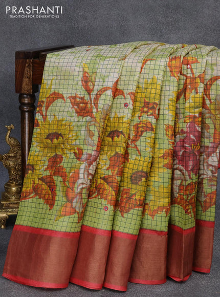 Pure tussar silk saree light green and red with allover checked pattern floral prints and cut work pallu - {{ collection.title }} by Prashanti Sarees