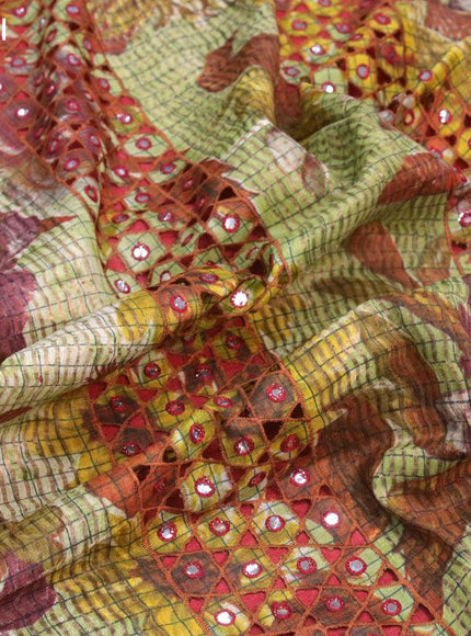 Pure tussar silk saree light green and red with allover checked pattern floral prints and cut work pallu - {{ collection.title }} by Prashanti Sarees