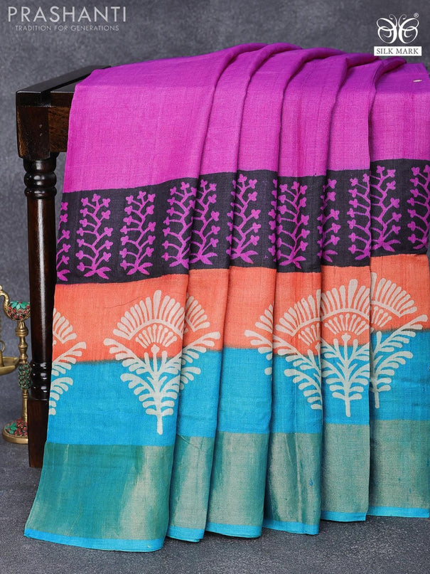 Pure tussar silk saree magenta pink and blue with allover prints & mirror work and cut work pallu - {{ collection.title }} by Prashanti Sarees